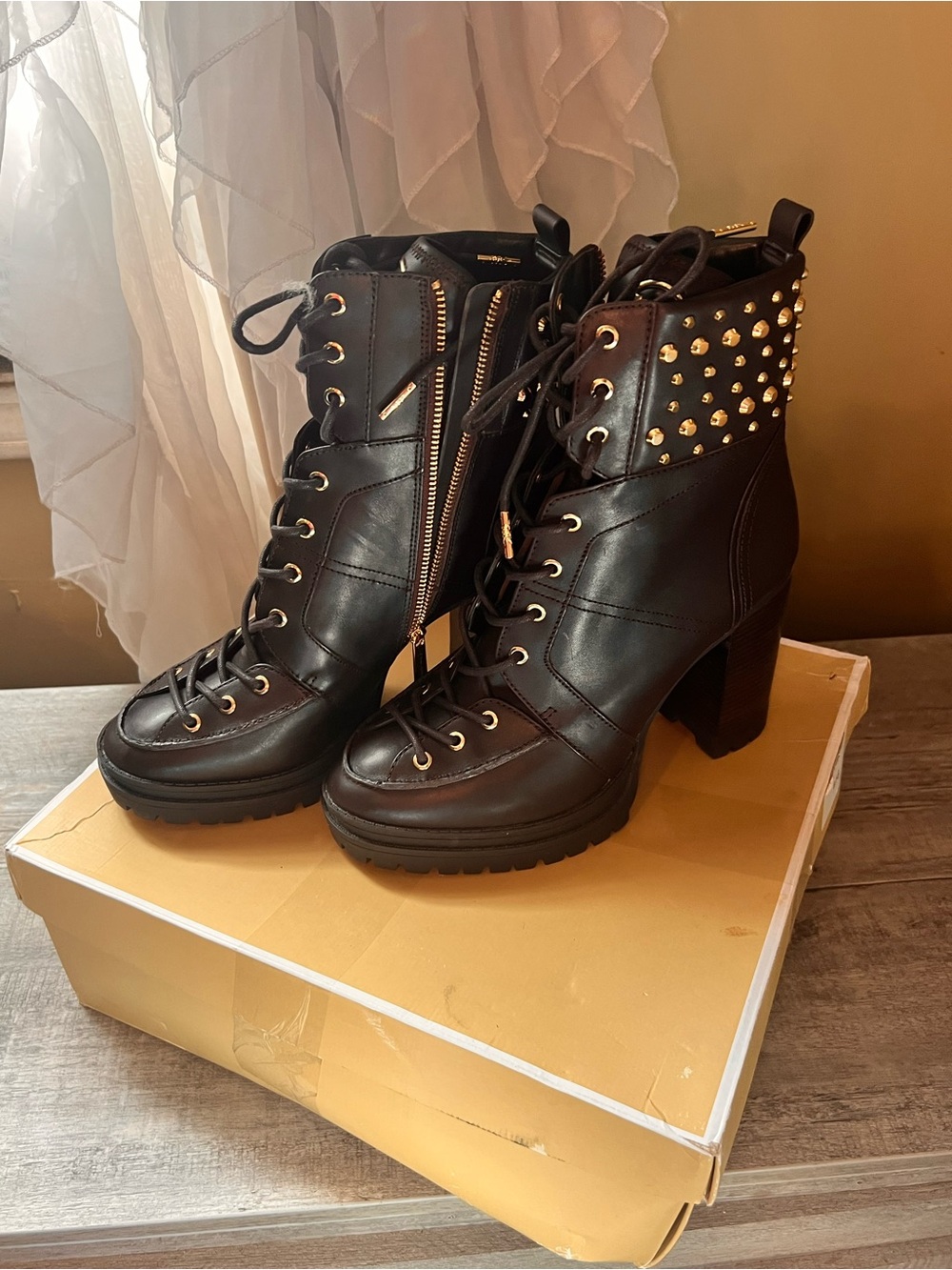 Michael Kors Black Studded Lace-Up Block Heel Booties